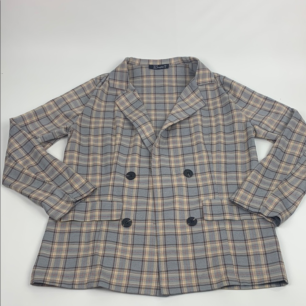 Simplee Gray Tan Plaid Double-Breasted blazer Jacket Medium Buttons Lightweight